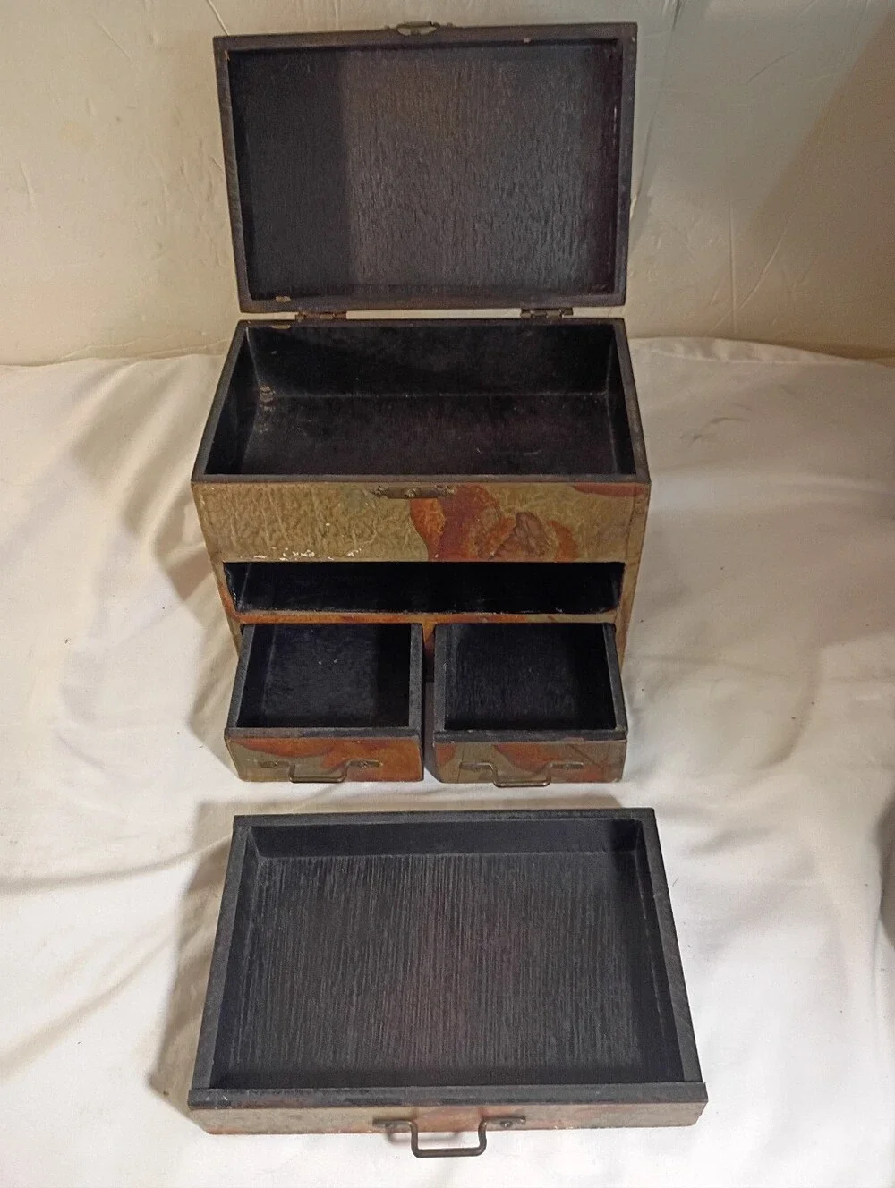 Mid Century Cherub Wooden Jewelry Chest Trinket Box Hollywood Regency Chic